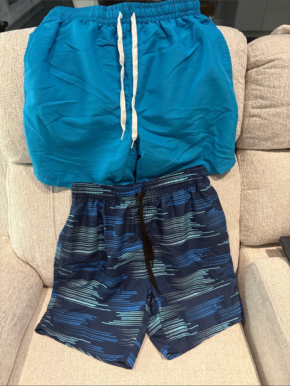 Boy’s Swim Trunk Pair - Aqua and Navy Wave with Stretch Sport Liners